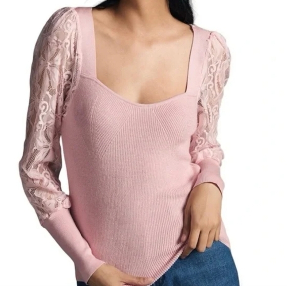 Anthropologie Barbie Pink Lace Sleeve Sweater XXSP - Picture 2 of 7